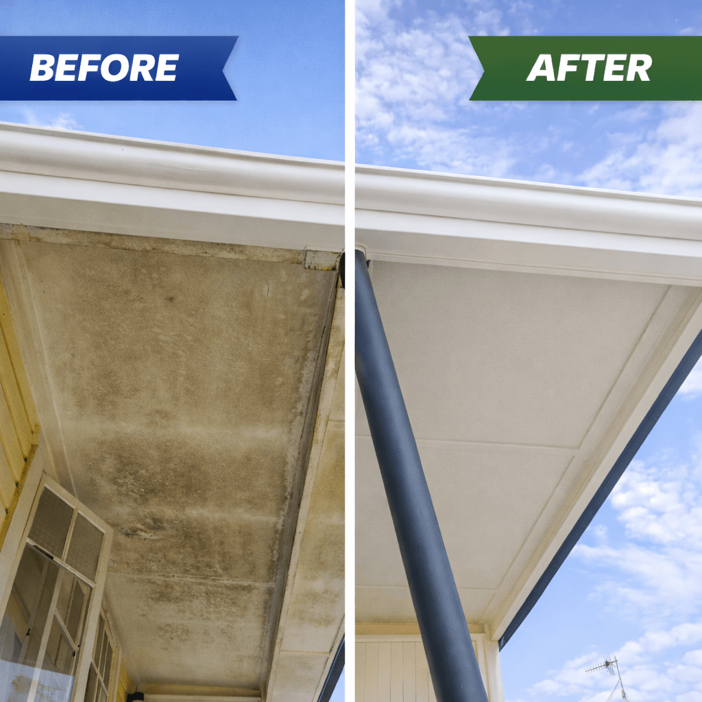 Before and after comparison of the eaves outside of a house after soft washing.