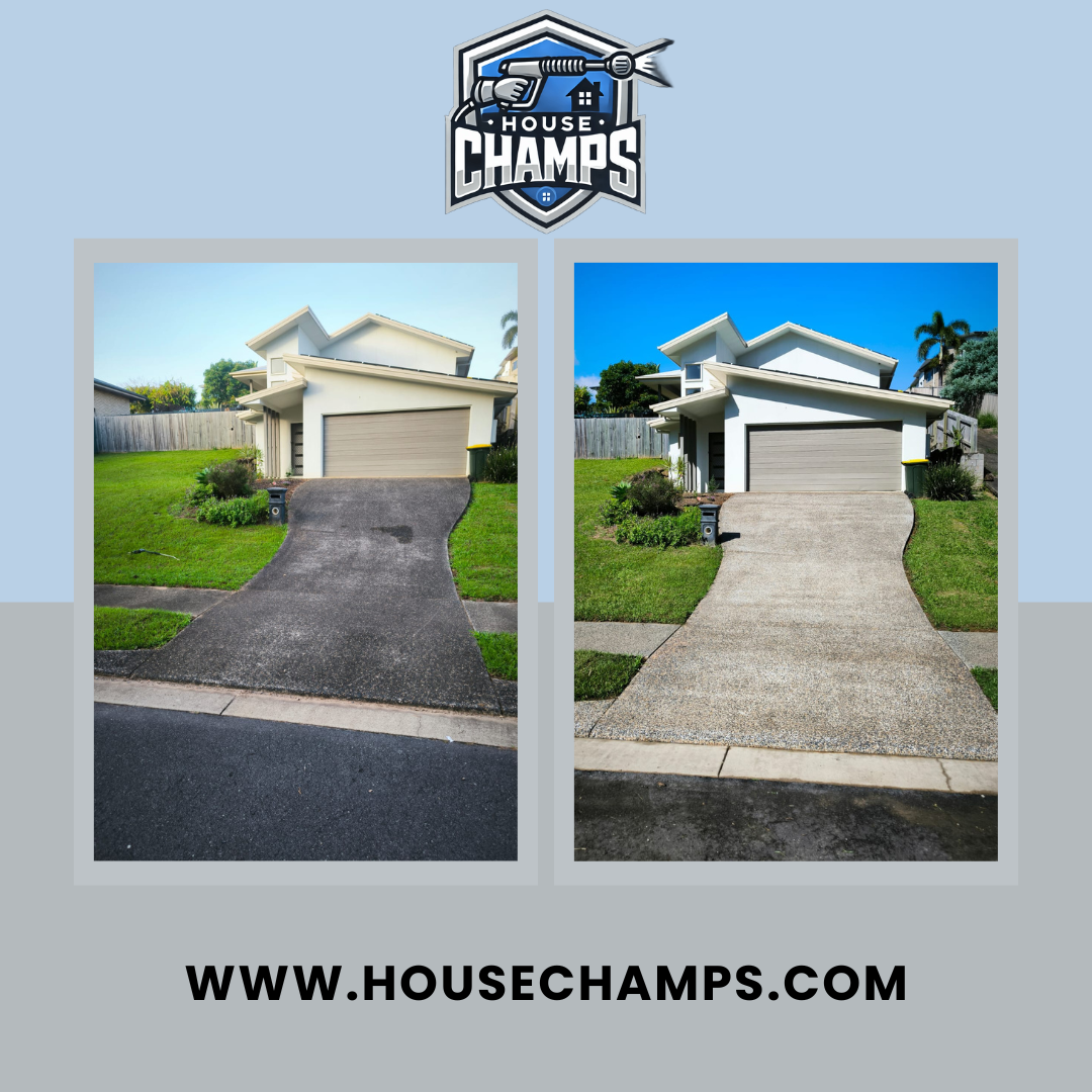 Driveway pressure cleaning Brisbane, driveway before and after.
