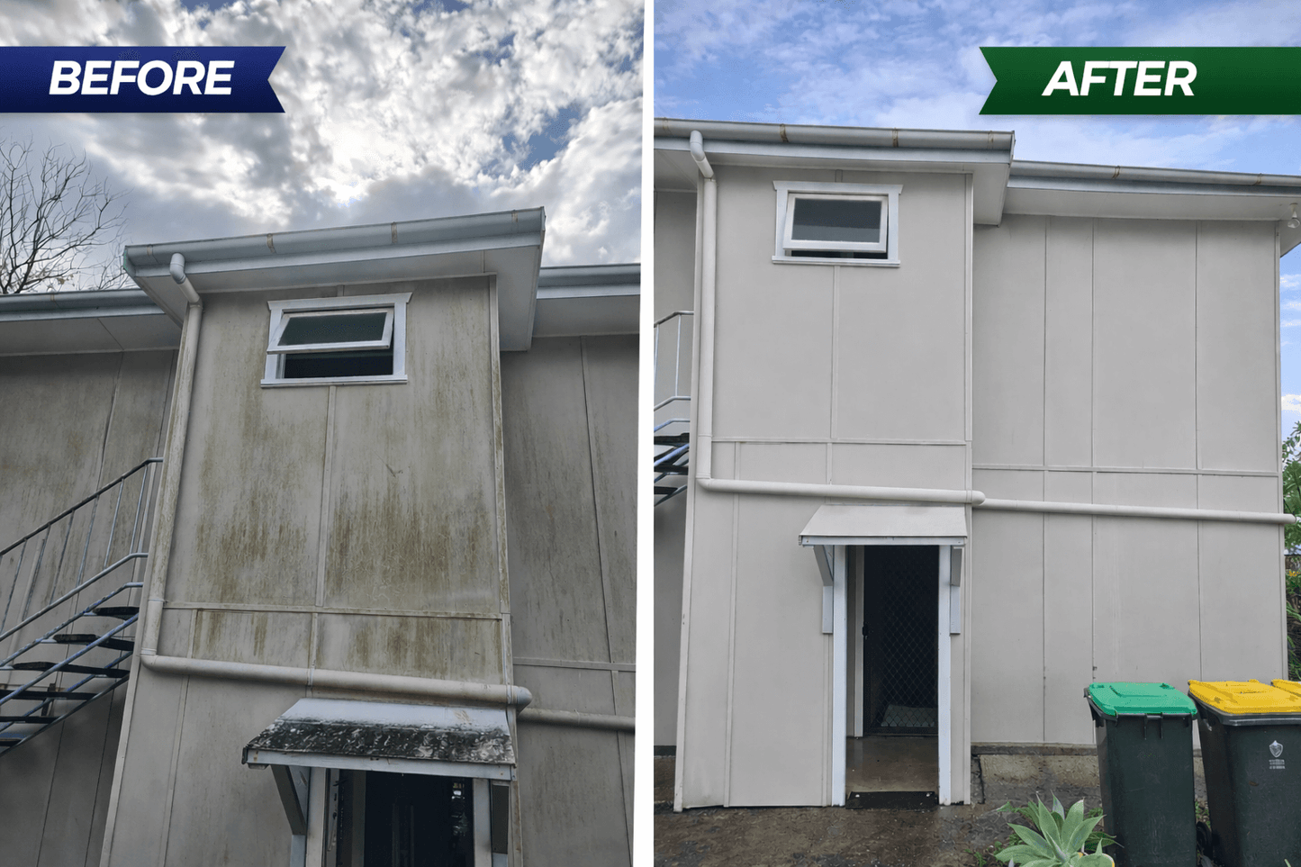 Before and after comparison of a house exterior with visible cleaning results.