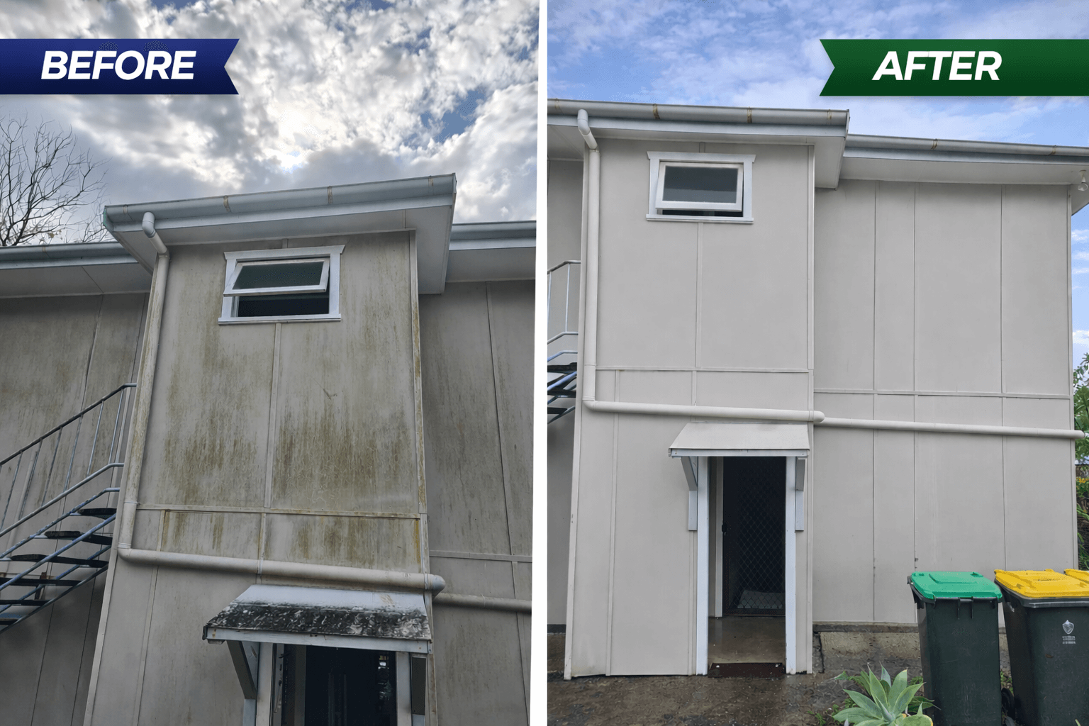 Before and after comparison of a house exterior with visible cleaning results.