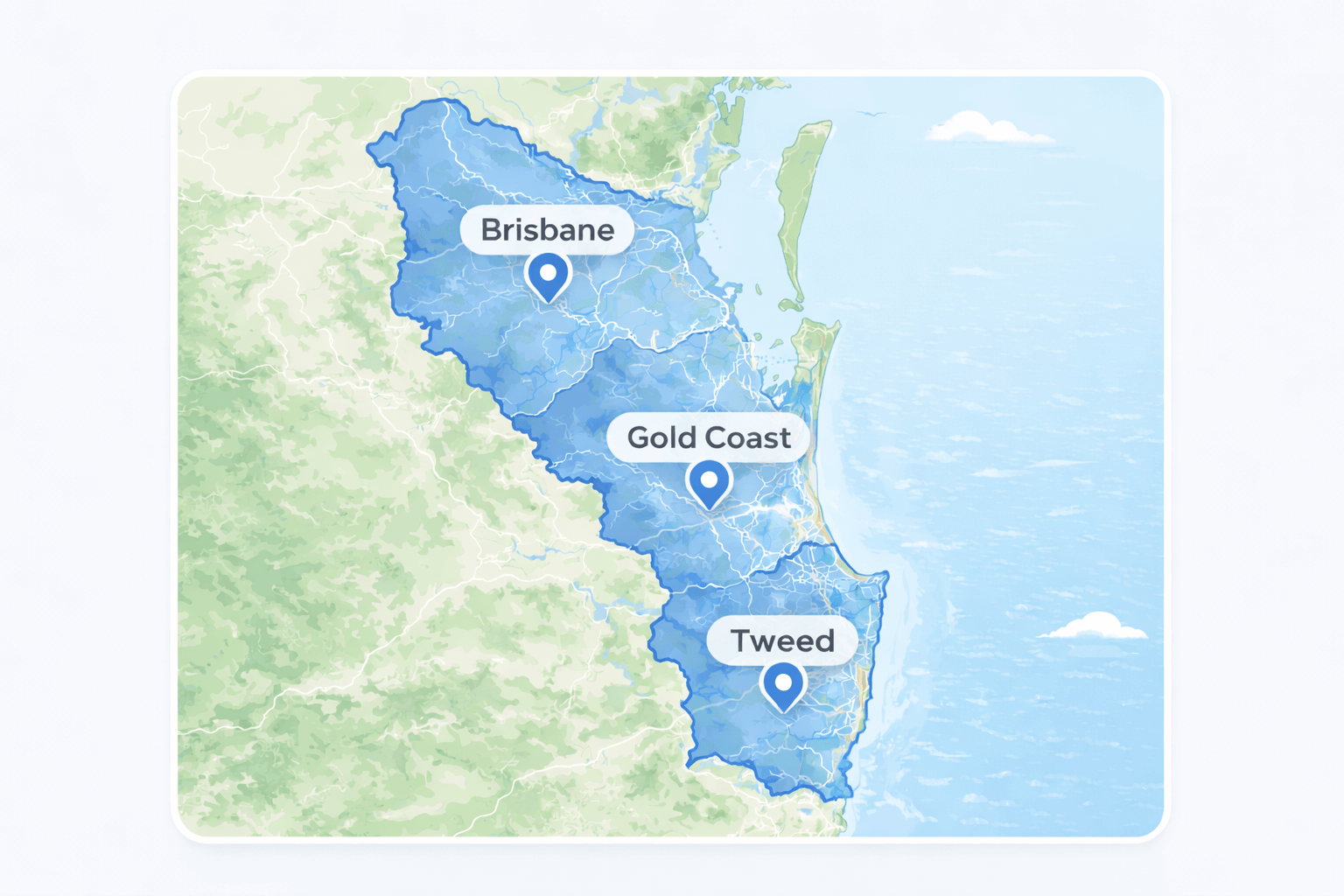 House Champs service area map showing Brisbane, Gold Coast and Tweed