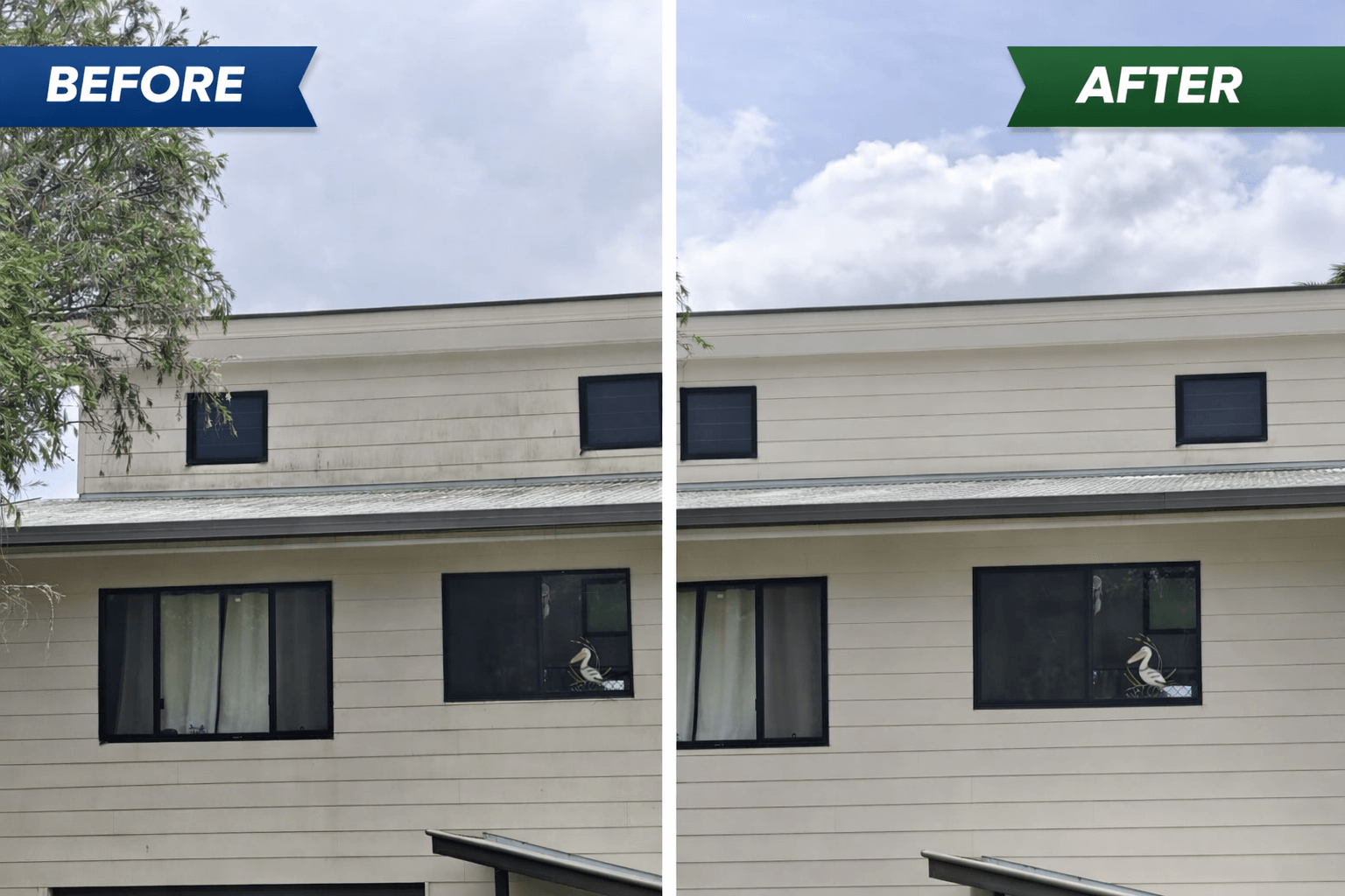 Before and after comparison of a house exterior walls after being washed.